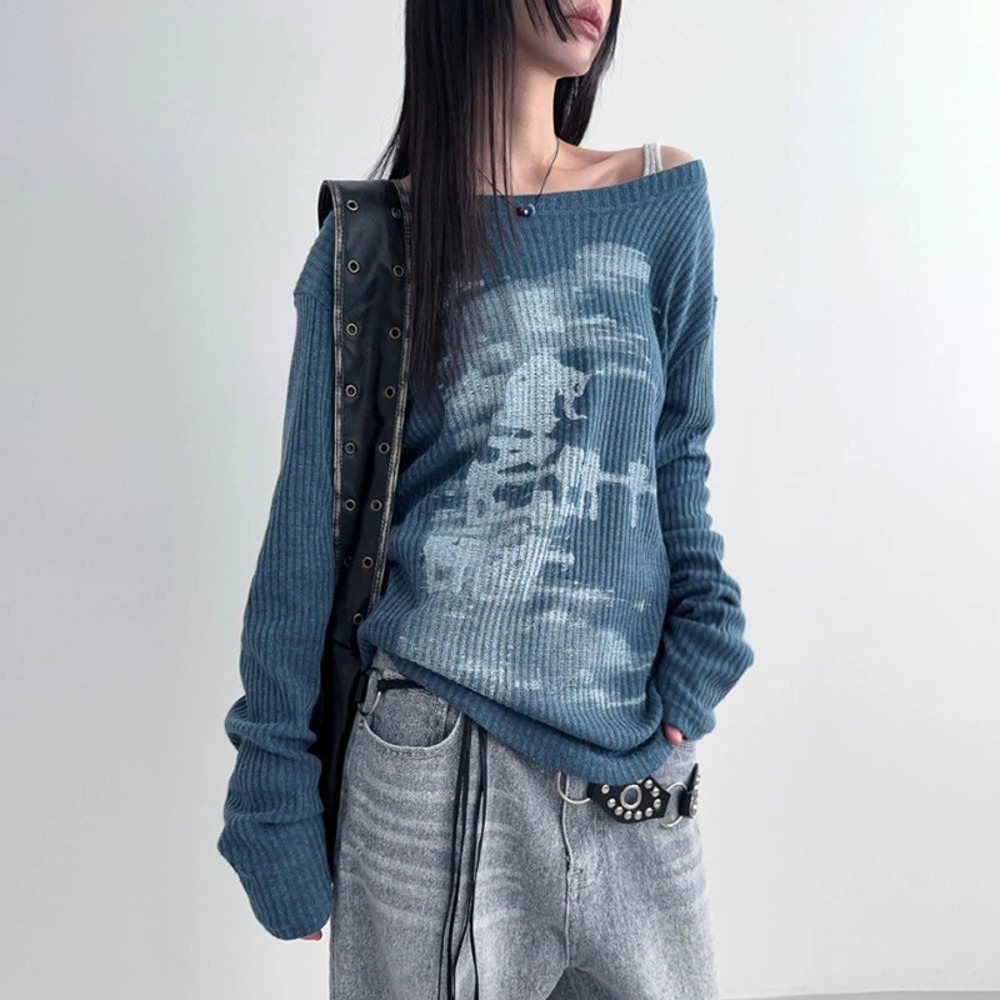 ZARA Fall Sexy Off Shoulder Loose Fit Long Sleeve Art Print Top